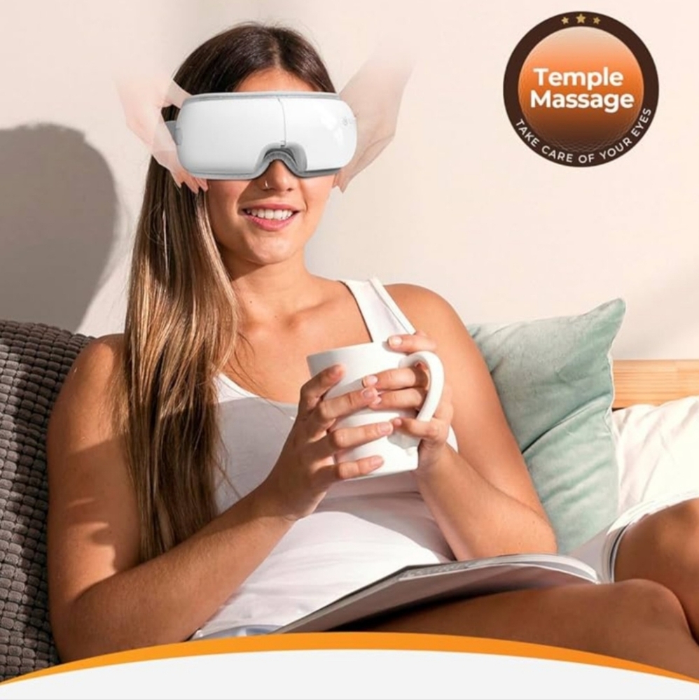 Smart Eye Massager mask white heat music comprassion vibration relax travel work